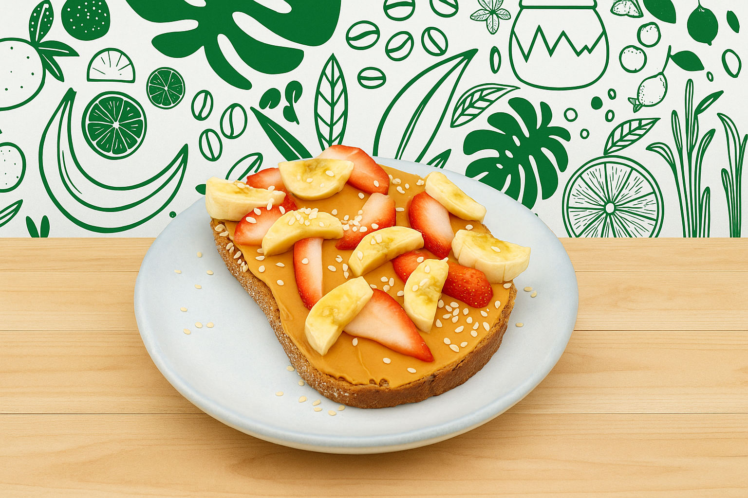 Peanut butter toast with banana and strawberries